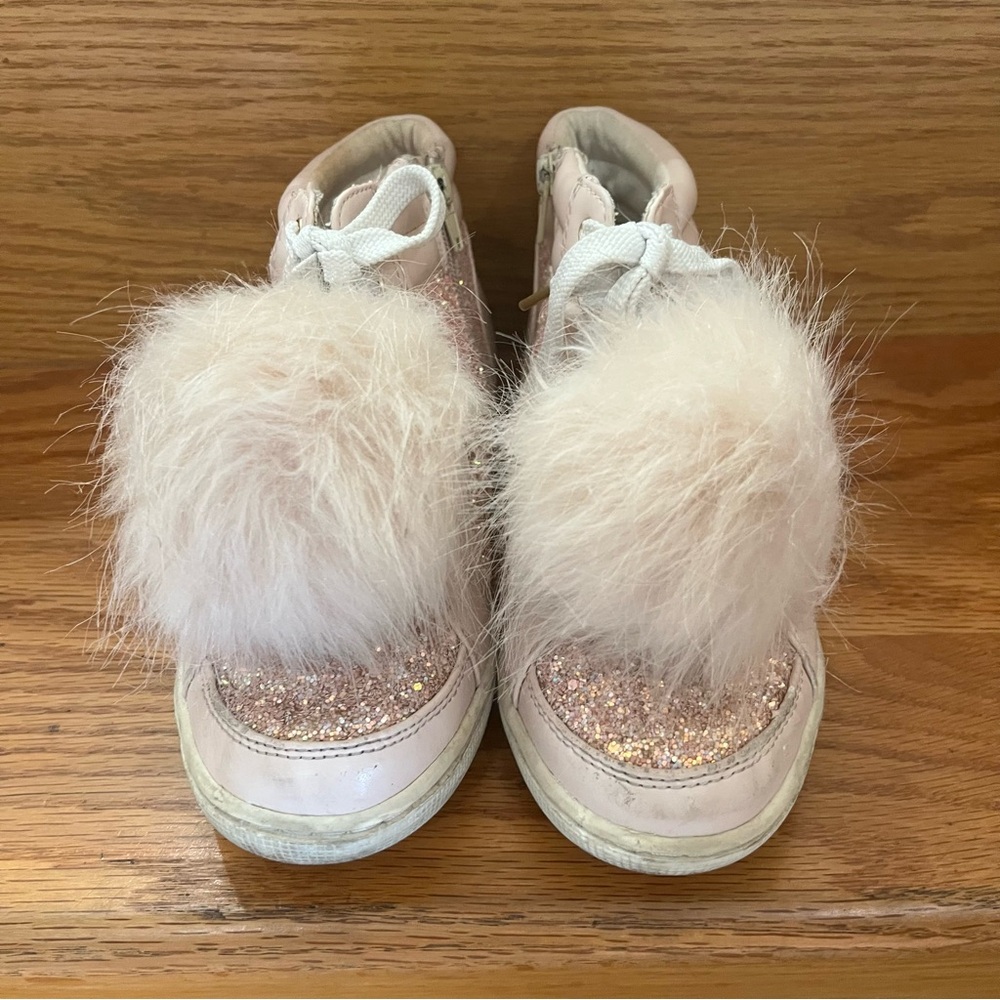 Glittery Pink Kids Shoes with Fluffy Accents Girls Size 5